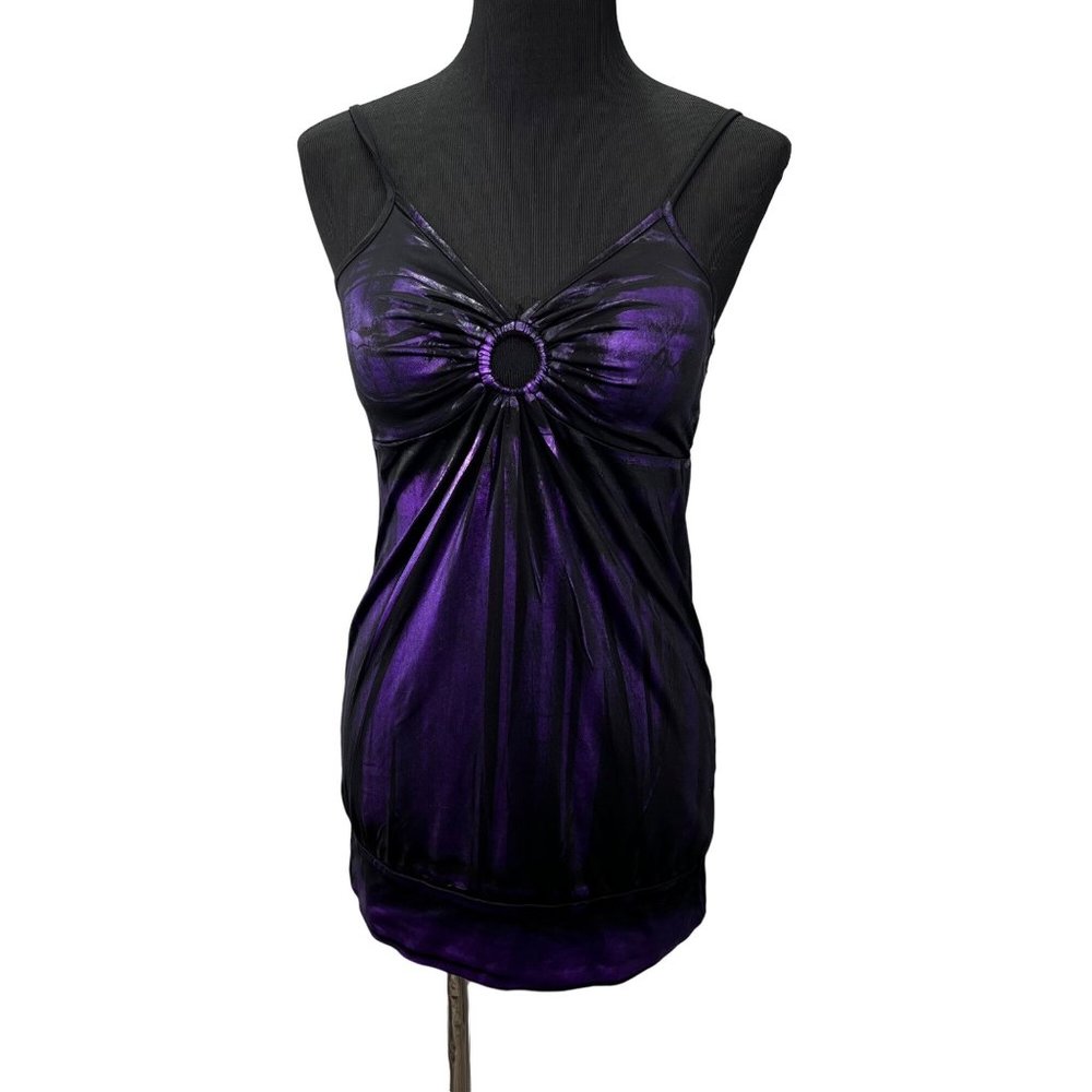 Topia Y2K Mini Dress Tunic Top size L Purple Black Metallic Shirred Peep Hole
